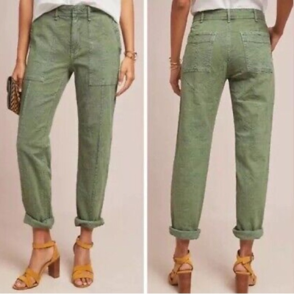 ANTHROPOLOGIE Green Jacquard Wanderer Utility Pocket Straight Leg Pants Size 25